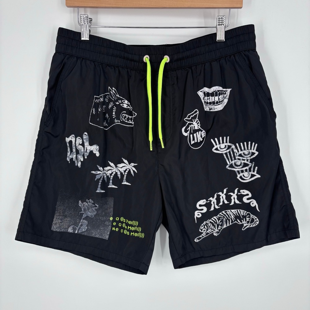 Diesel Black Swim Trunks Mens XL Black Weird As Hell Grafitti Drawstring *FLAW
